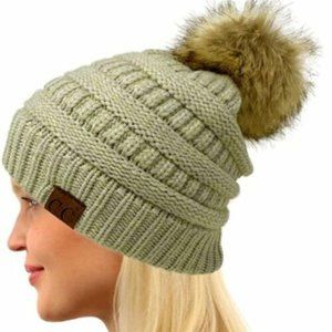 NEW Fleece Lined Beige Beanie w Fuzzy Pom Pom